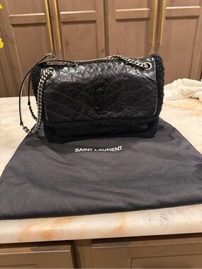 Saint Laurent Black Quilted Leather Shoulder Bag with Shearling Trim